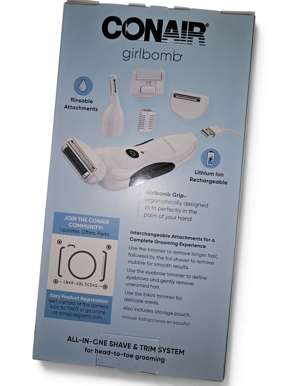 Conair Girlbomb 2-in-1 White Rechargeable Shaver & Trimmer